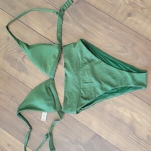 Aerie Green High Cut Cheeky Ribbed Design Triangle Top Bikini Set, Size Xs